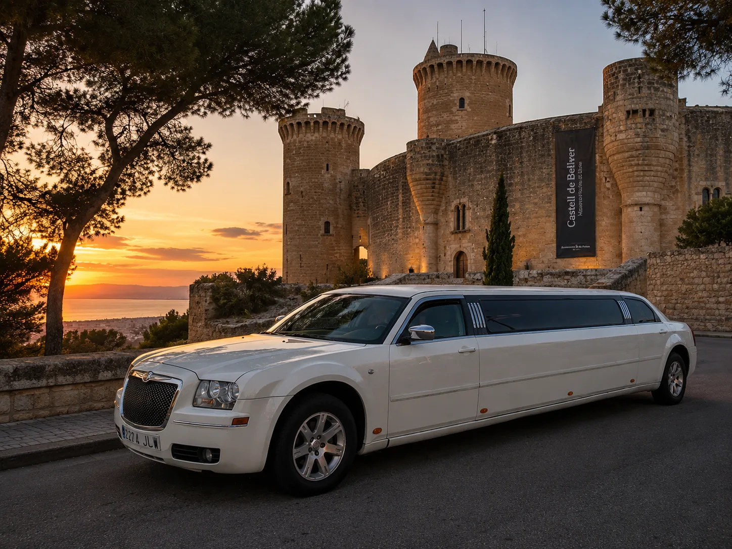 Limusina Chrysler blanca frente a un castillo mallorquín a la hora dorada