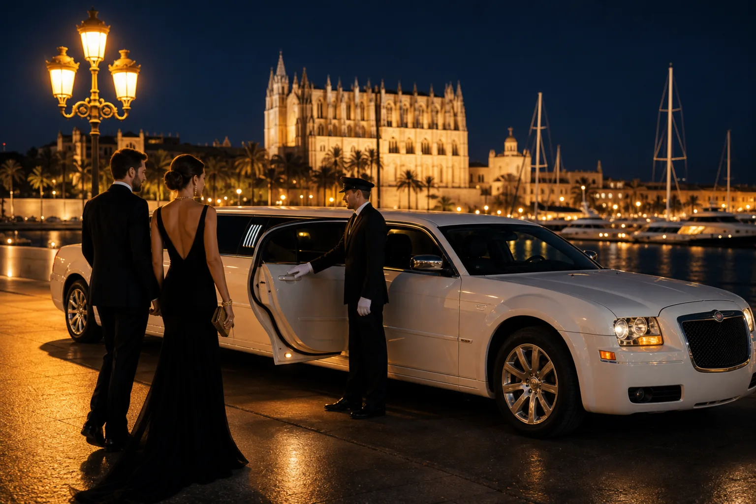 Limusina blanca con chófer esperando a una pareja elegante de noche frente a la Catedral de Palma de Mallorca y el puerto deportivo